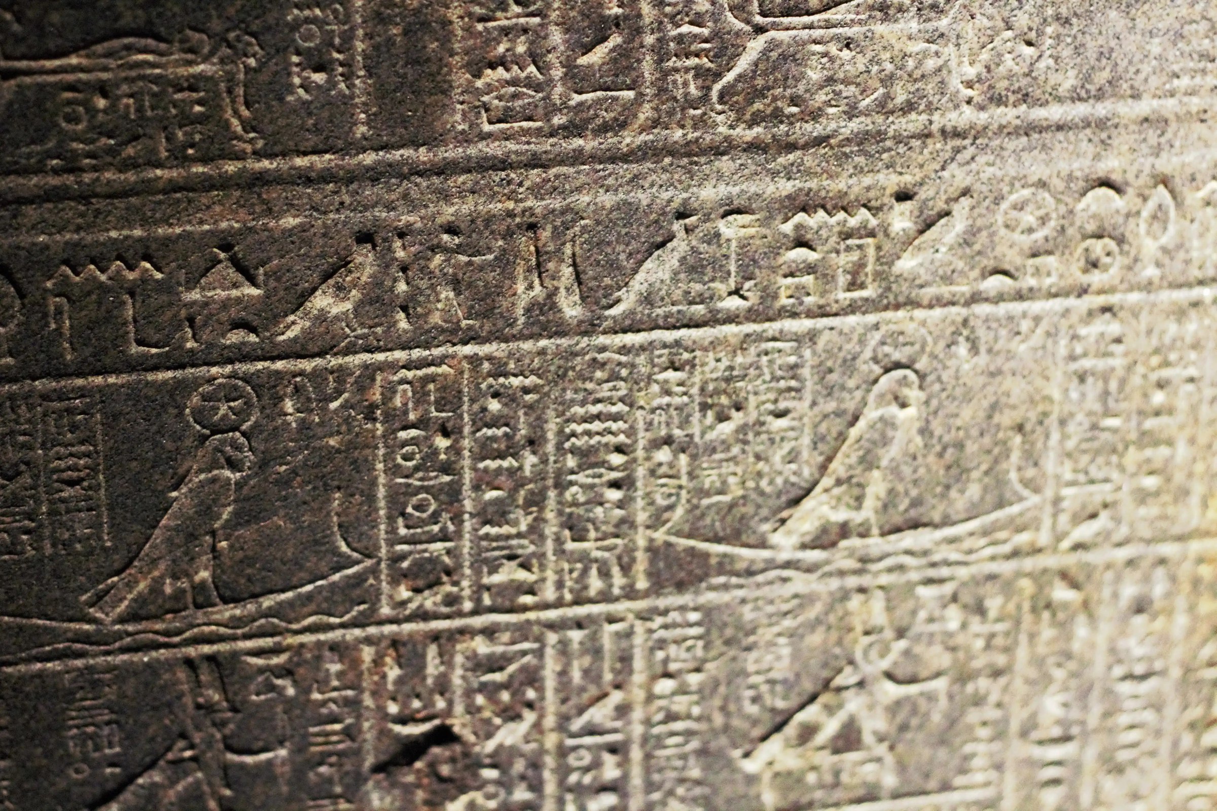 Ancient Egyptian figures and hieroglyphs carved into stone.